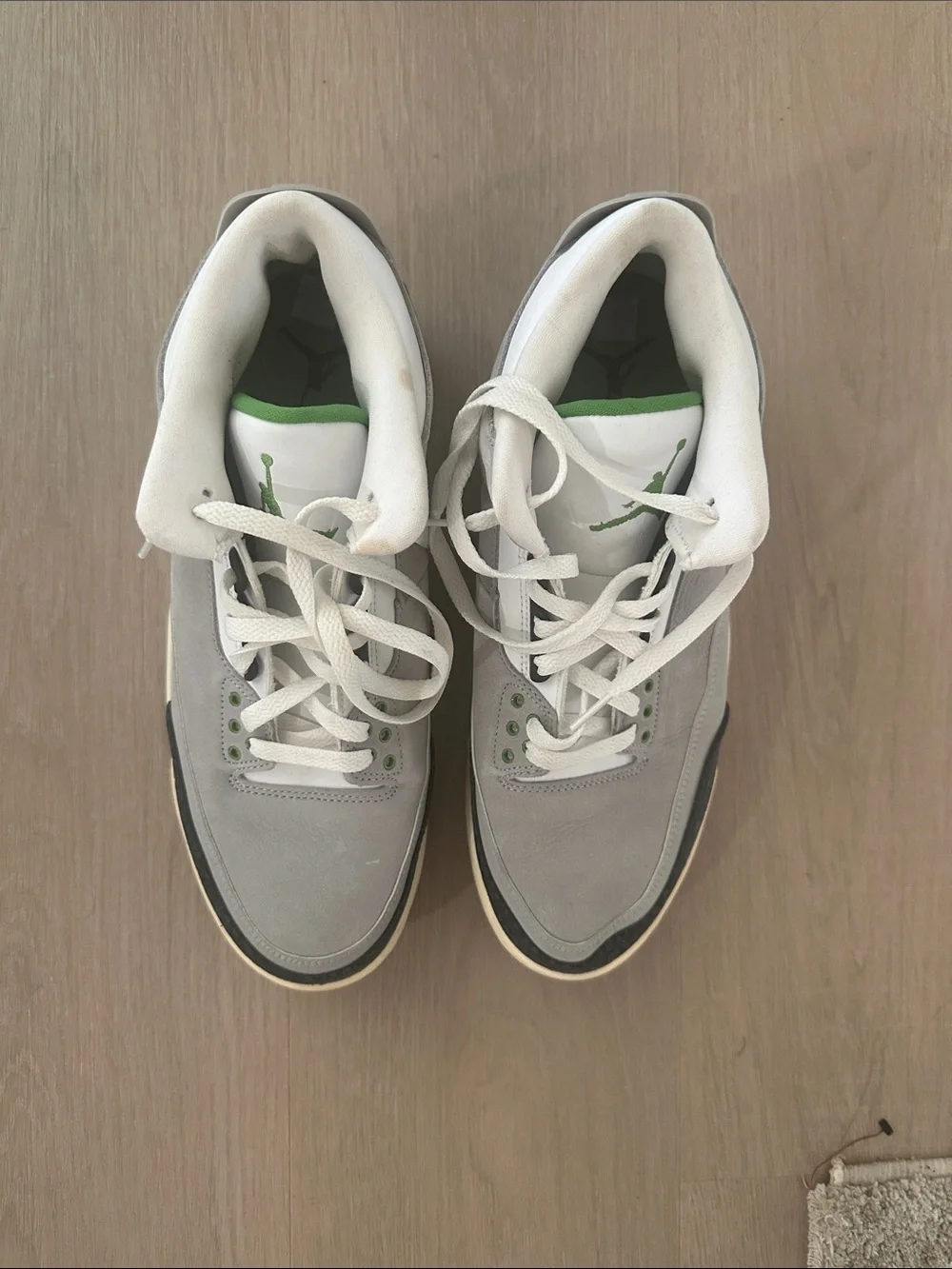 Air Jordan 3 Men's Gray, Black and White Retro Sneakers with Green Accents